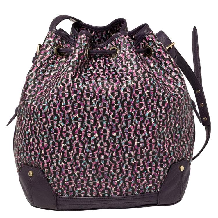 Pre Owned Aigner Purple Signature Coated Canvas and Leather Drawstring Shoulder Bag 