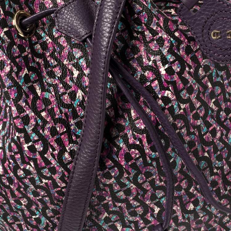 Pre Owned Aigner Purple Signature Coated Canvas and Leather Drawstring Shoulder Bag 