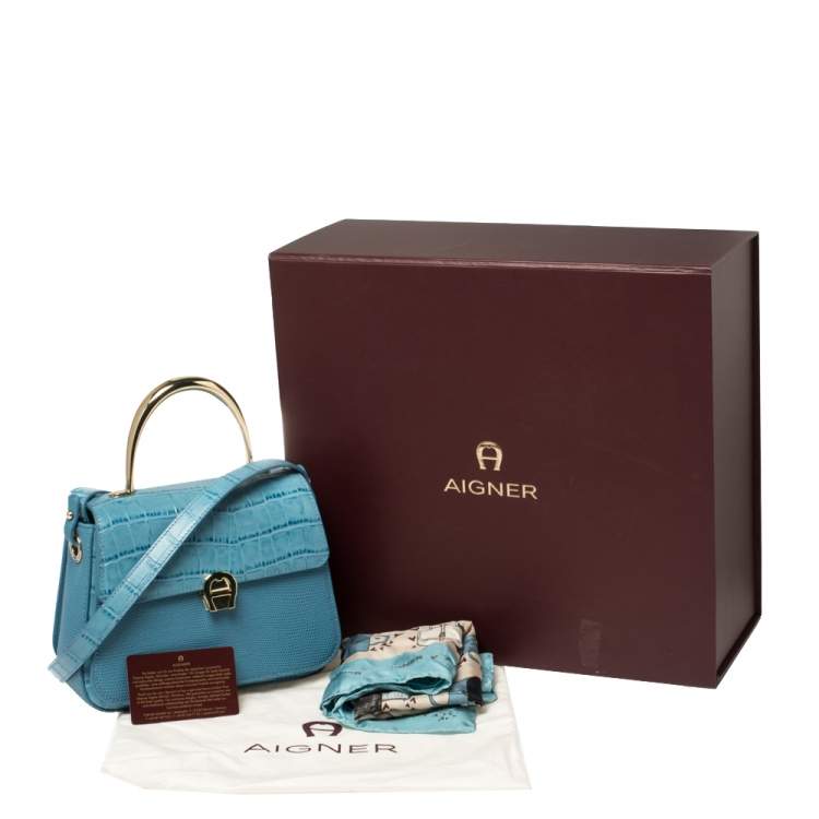 Pre Owned Aigner Blue Croc Embossed Leather Genoveva Top Handle Bag