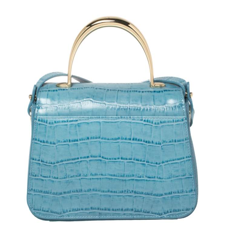 Pre Owned Aigner Blue Croc Embossed Leather Genoveva Top Handle Bag