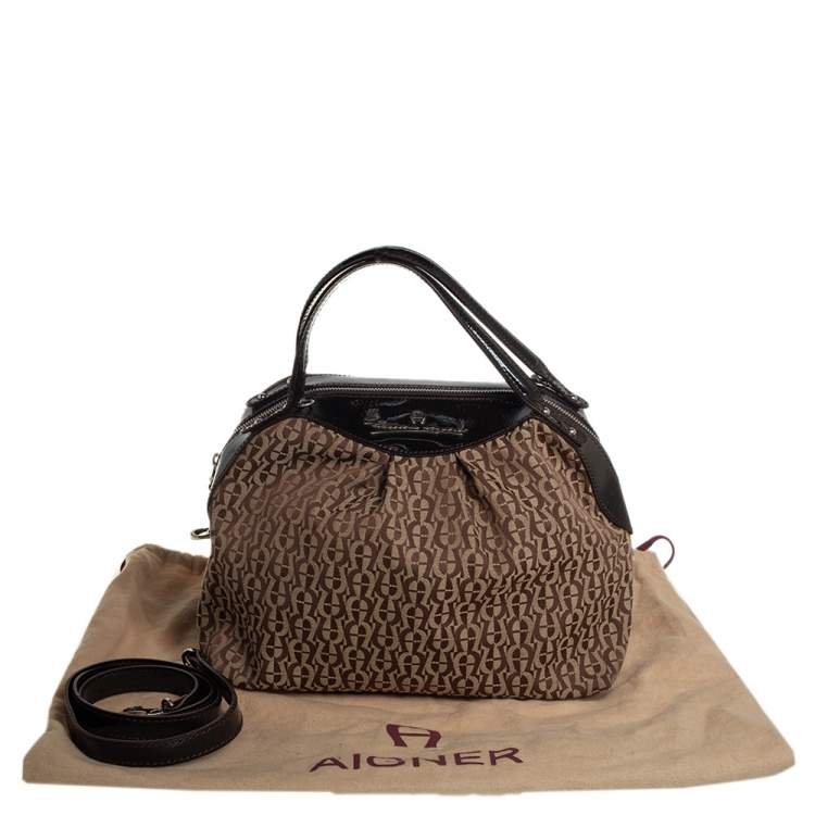 Pre Owned Aigner Brown/Beige Signature Canvas and Patent Leather Satchel