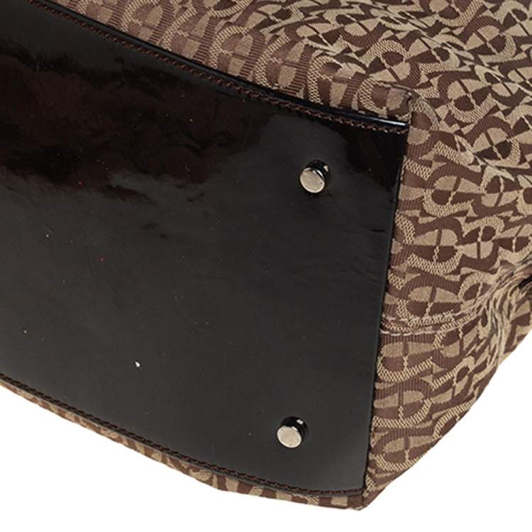 Pre Owned Aigner Brown/Beige Signature Canvas and Patent Leather Satchel