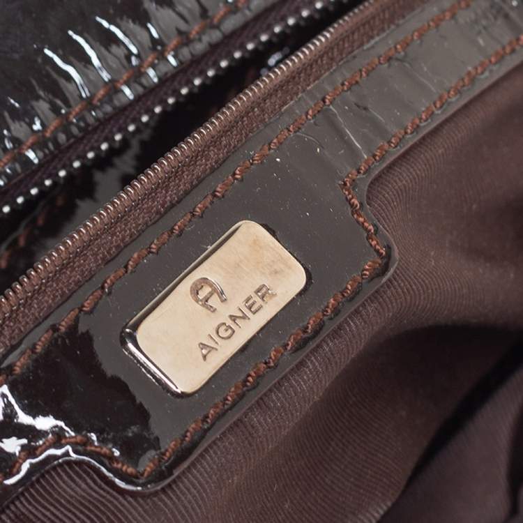 Pre Owned Aigner Brown/Beige Signature Canvas and Patent Leather Satchel