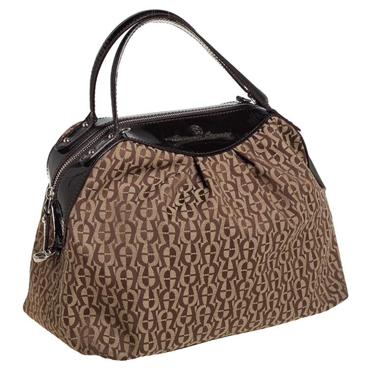 Pre Owned Aigner Brown/Beige Signature Canvas and Patent Leather Satchel