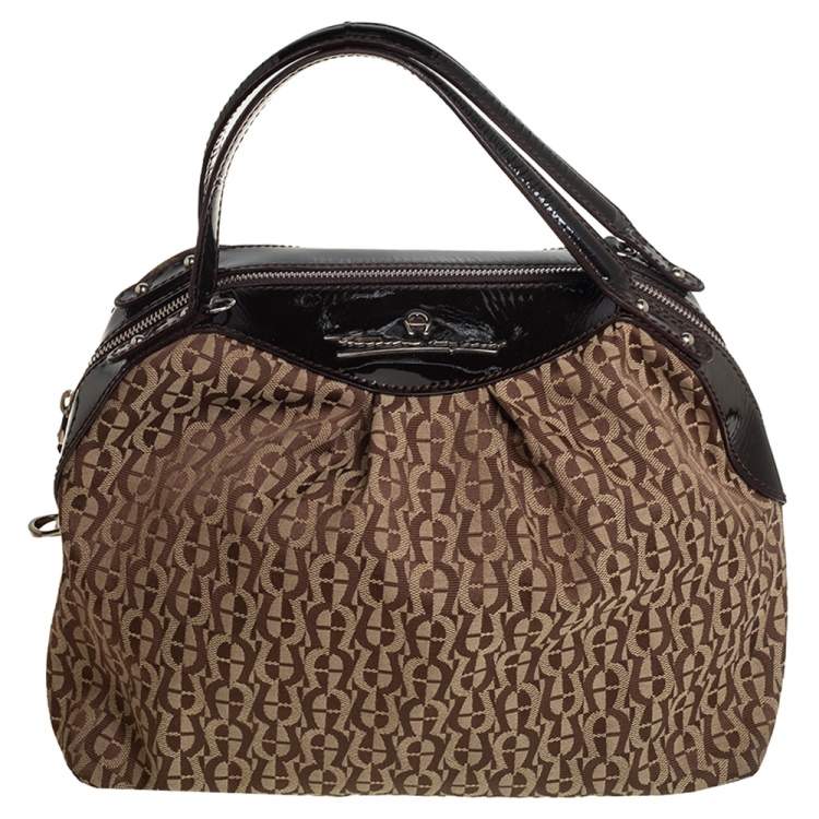 Pre Owned Aigner Brown/Beige Signature Canvas and Patent Leather Satchel