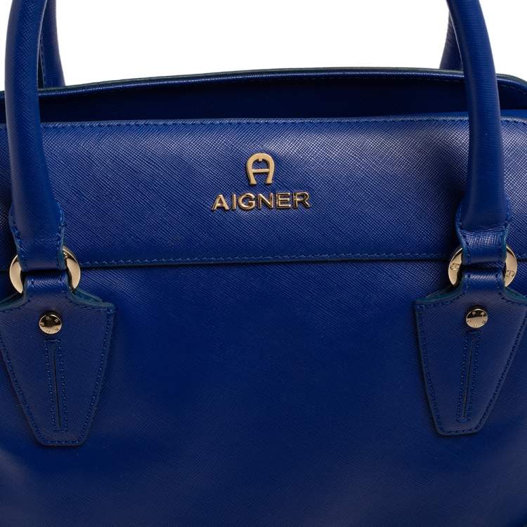 Pre Owned Aigner Blue Leather Side Zip Satchel