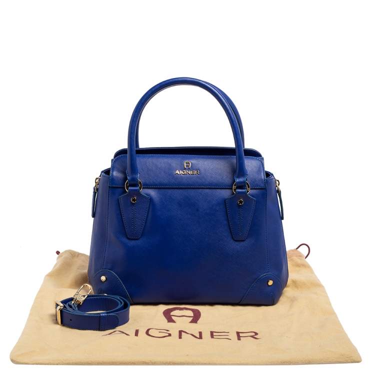 Pre Owned Aigner Blue Leather Side Zip Satchel