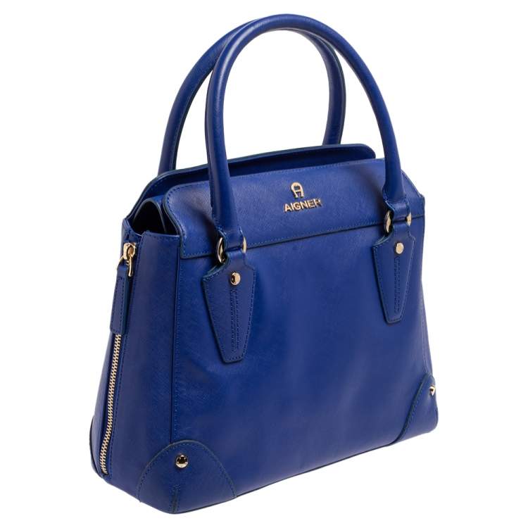 Pre Owned Aigner Blue Leather Side Zip Satchel