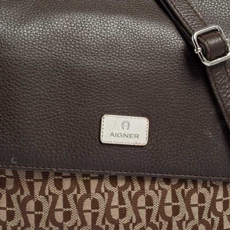 Pre Owned Aigner Beige/Brown Signature Canvas and Leather Flap Shoulder Bag