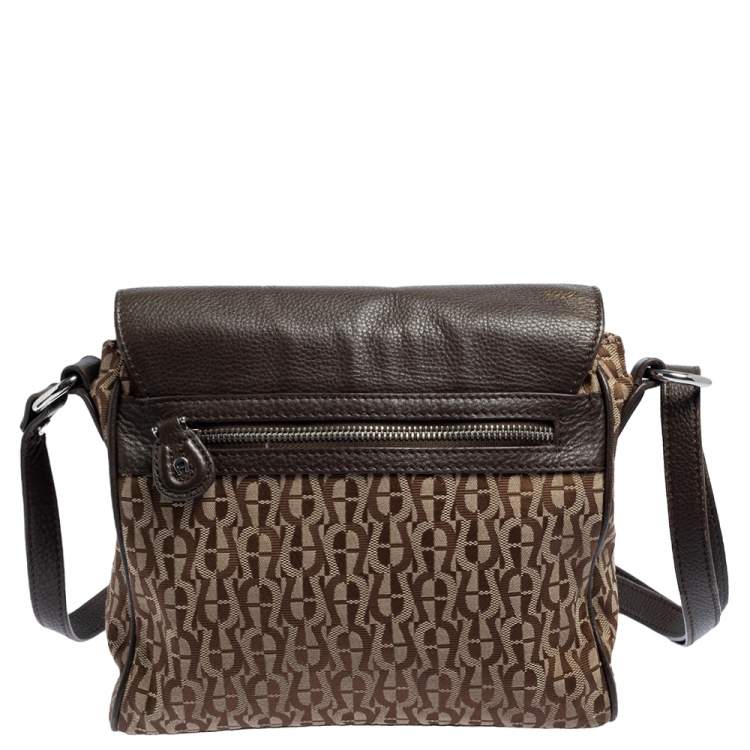 Pre Owned Aigner Beige/Brown Signature Canvas and Leather Flap Shoulder Bag