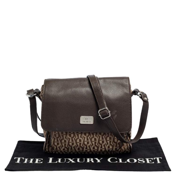 Pre Owned Aigner Beige/Brown Signature Canvas and Leather Flap Shoulder Bag