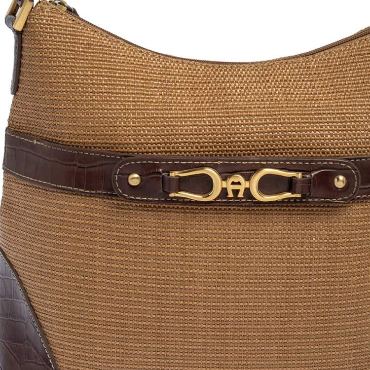 Pre Owned Aigner Brown/Beige Croc Embossed Leather and Raffia Logo Buckle Hobo