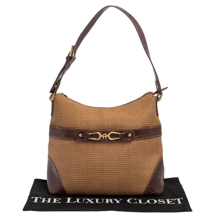 Pre Owned Aigner Brown/Beige Croc Embossed Leather and Raffia Logo Buckle Hobo
