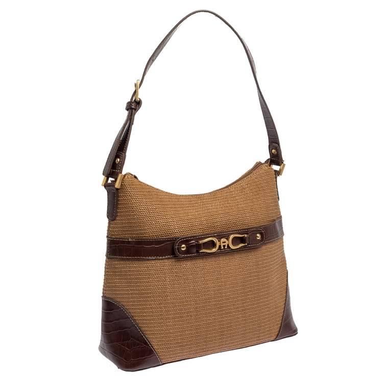 Pre Owned Aigner Brown/Beige Croc Embossed Leather and Raffia Logo Buckle Hobo