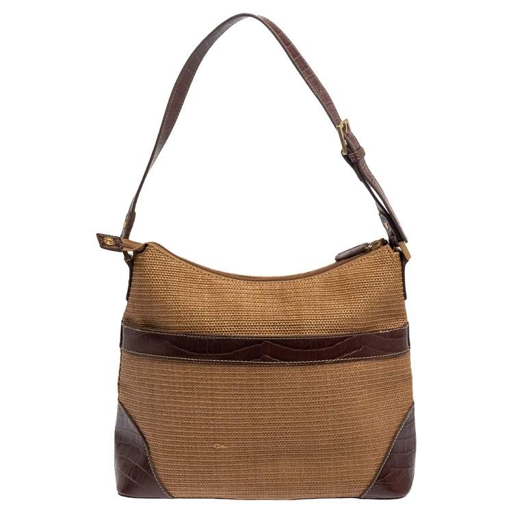 Pre Owned Aigner Brown/Beige Croc Embossed Leather and Raffia Logo Buckle Hobo