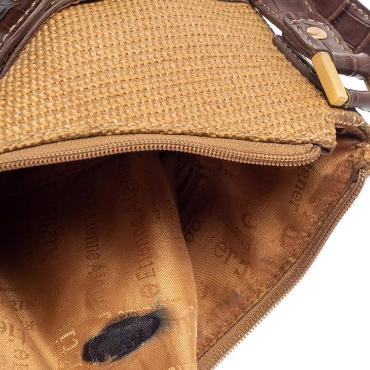 Pre Owned Aigner Brown/Beige Croc Embossed Leather and Raffia Logo Buckle Hobo