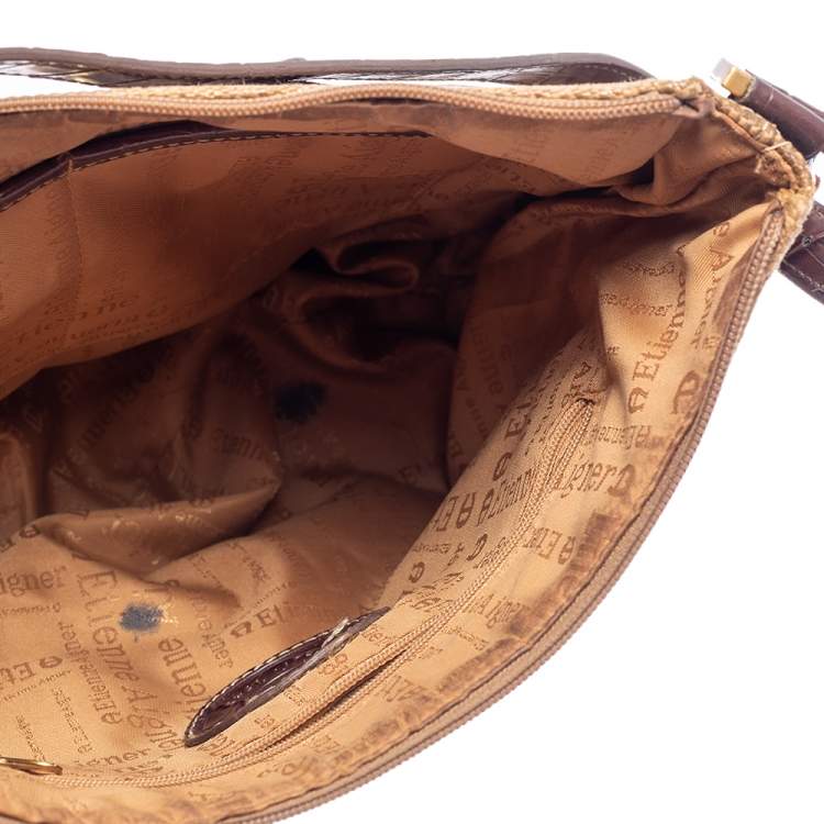 Pre Owned Aigner Brown/Beige Croc Embossed Leather and Raffia Logo Buckle Hobo