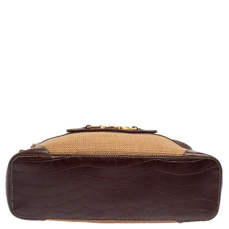 Pre Owned Aigner Brown/Beige Croc Embossed Leather and Raffia Logo Buckle Hobo