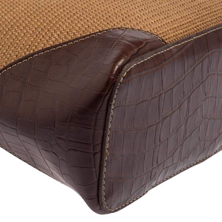 Pre Owned Aigner Brown/Beige Croc Embossed Leather and Raffia Logo Buckle Hobo