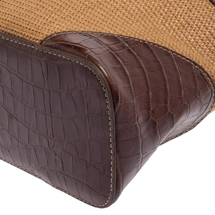 Pre Owned Aigner Brown/Beige Croc Embossed Leather and Raffia Logo Buckle Hobo