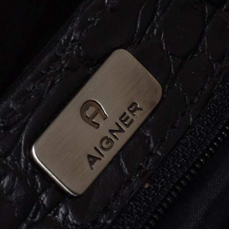 Pre Owned Aigner Black Crocodile Embossed Leather Shoulder Bag
