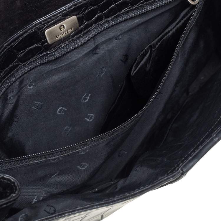 Pre Owned Aigner Black Crocodile Embossed Leather Shoulder Bag