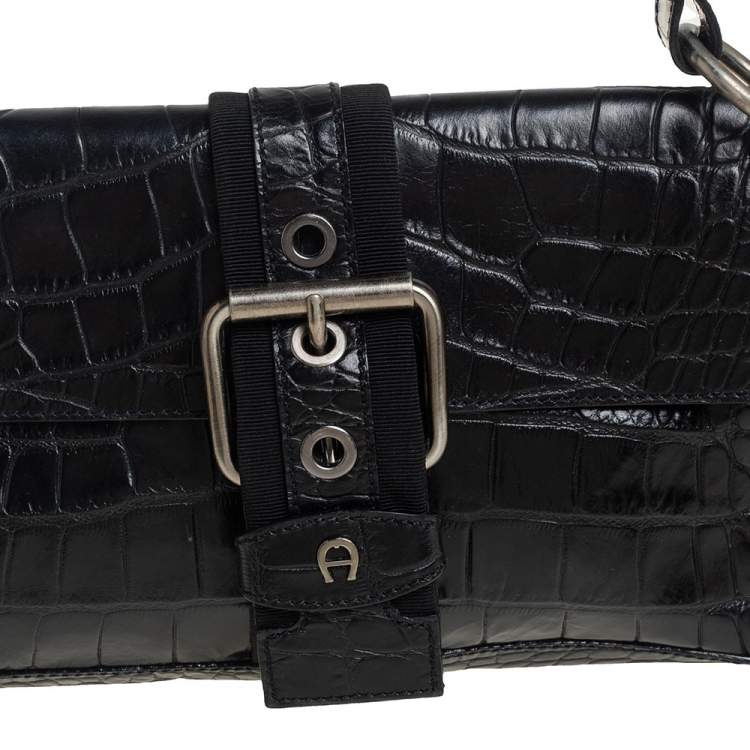 Pre Owned Aigner Black Crocodile Embossed Leather Shoulder Bag