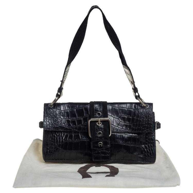 Pre Owned Aigner Black Crocodile Embossed Leather Shoulder Bag