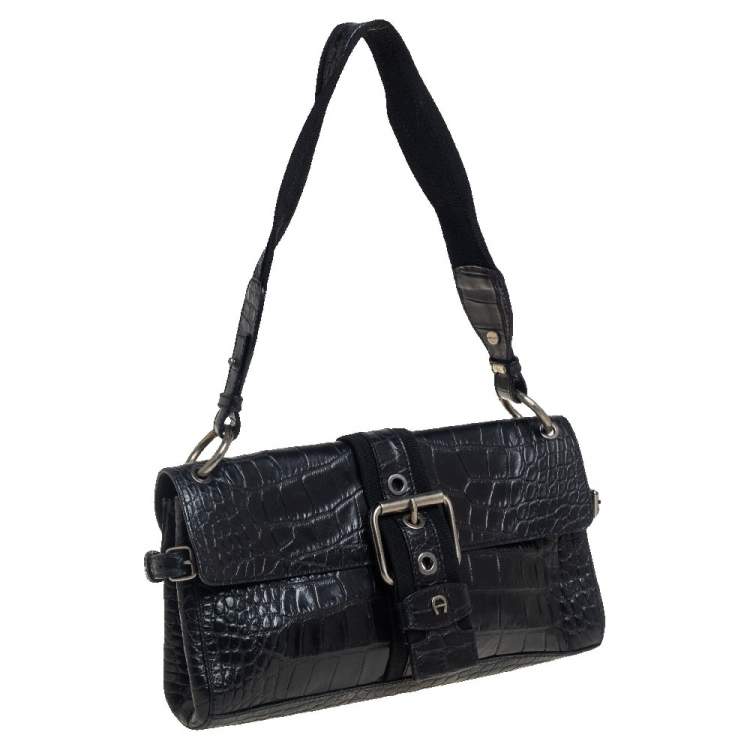 Pre Owned Aigner Black Crocodile Embossed Leather Shoulder Bag