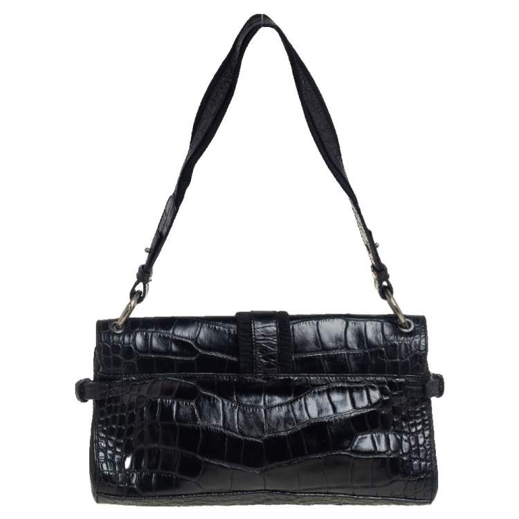Pre Owned Aigner Black Crocodile Embossed Leather Shoulder Bag