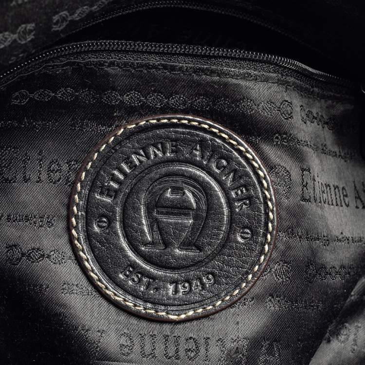 Pre Owned Aigner Black Leather Pocket Buckle Satchel