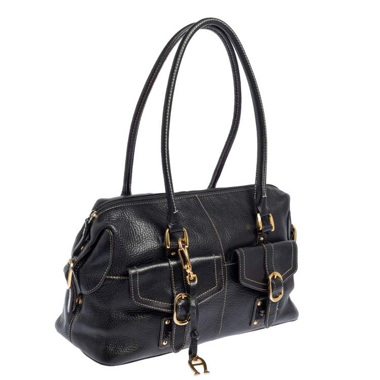 Pre Owned Aigner Black Leather Pocket Buckle Satchel