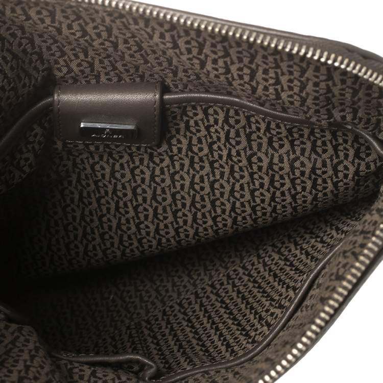 Pre Owned Aigner Dark Brown Monogram Embossed Leather Pocket Messenger Bag