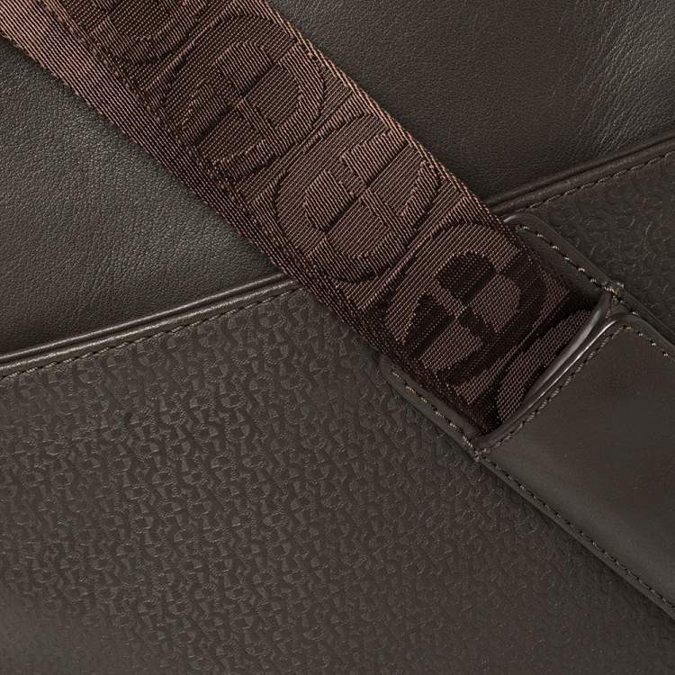 Pre Owned Aigner Dark Brown Monogram Embossed Leather Pocket Messenger Bag