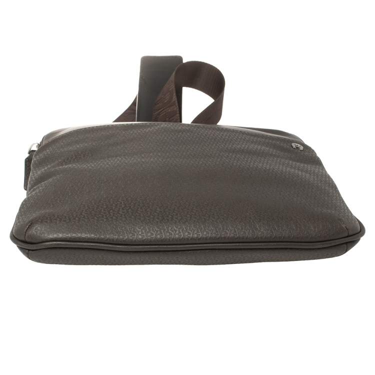 Pre Owned Aigner Dark Brown Monogram Embossed Leather Pocket Messenger Bag