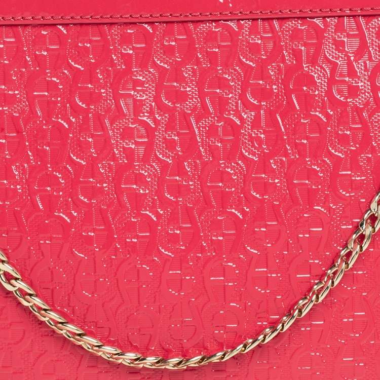 Pre Owned Aigner Pink Monogram Patent Leather Chain Clutch