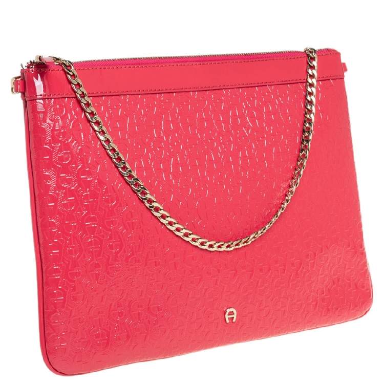 Pre Owned Aigner Pink Monogram Patent Leather Chain Clutch