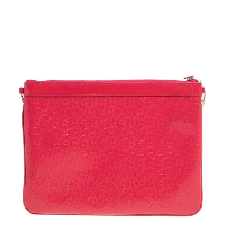 Pre Owned Aigner Pink Monogram Patent Leather Chain Clutch