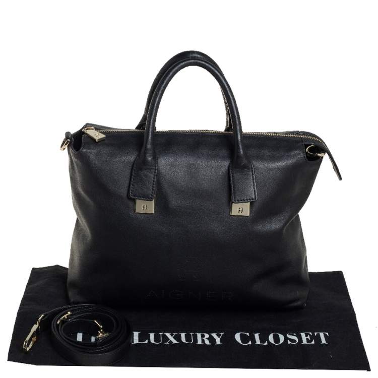 Pre Owned Aigner Black Leather Top Zip Tote