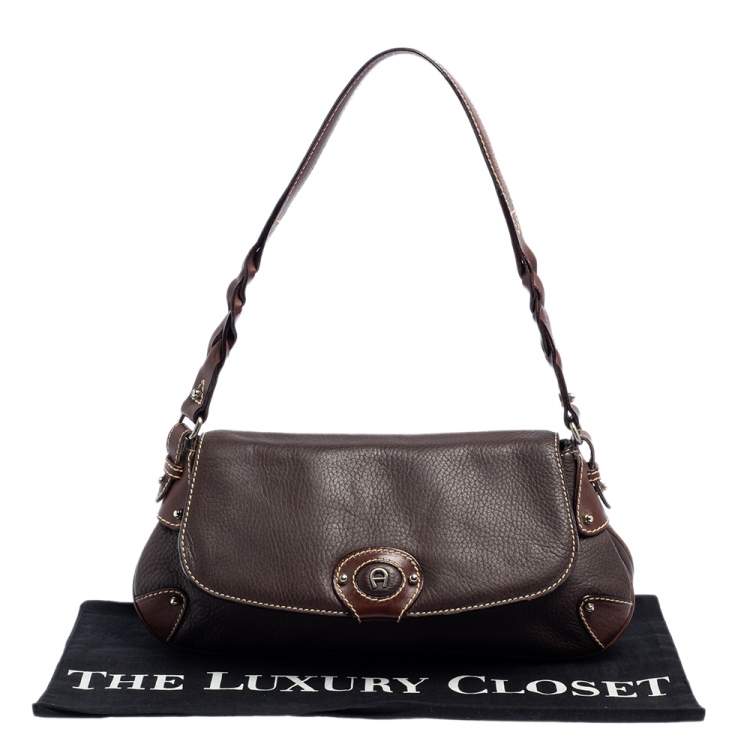 Pre Owned Aigner Brown Leather Flap Hobo