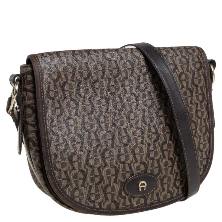 Pre Owned Aigner Brown Signature Coated Canvas Flap Crossbody Bag