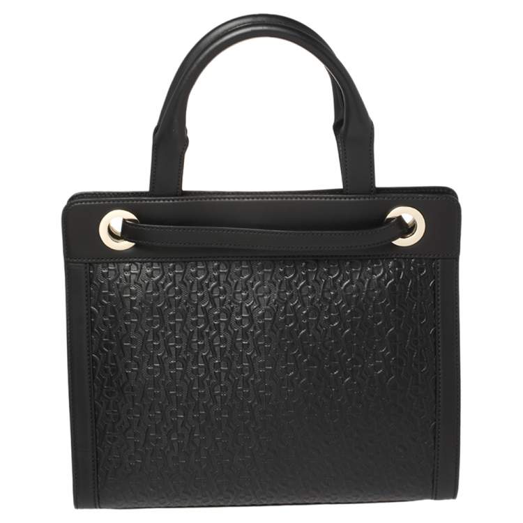 Pre Owned Aigner Black Signature Embossed Leather Cavallina Tote