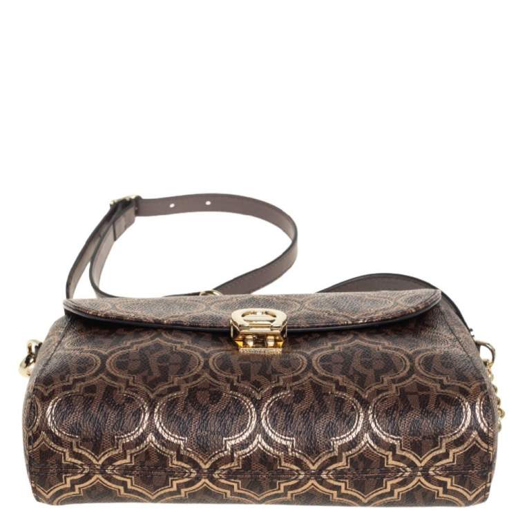Pre Owned Aigner Brown/Gold Signature Coated Canvas and Leather Flap Shoulder Bag