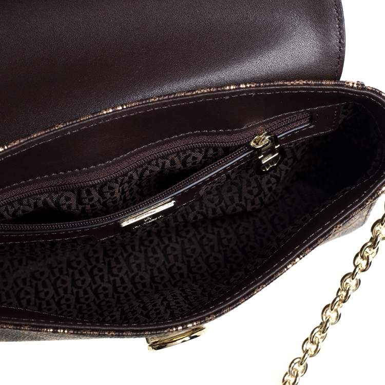Pre Owned Aigner Brown/Gold Signature Coated Canvas and Leather Flap Shoulder Bag