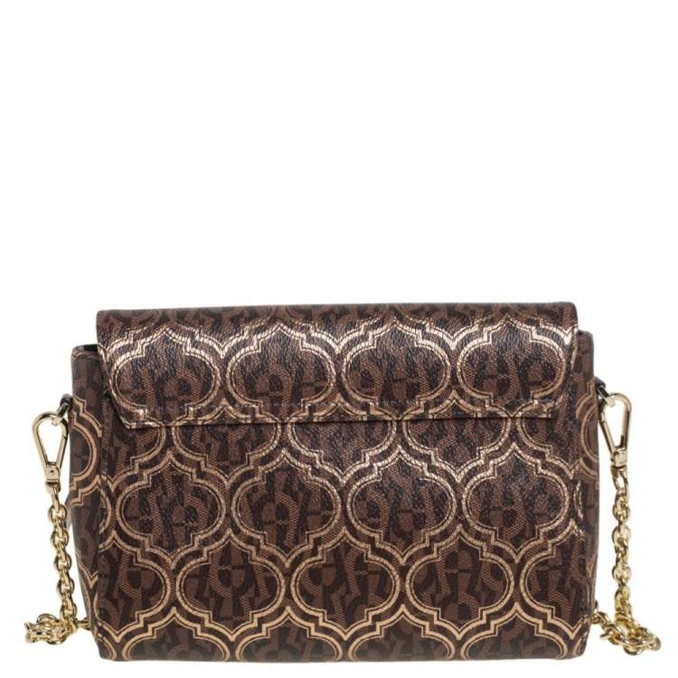 Pre Owned Aigner Brown/Gold Signature Coated Canvas and Leather Flap Shoulder Bag