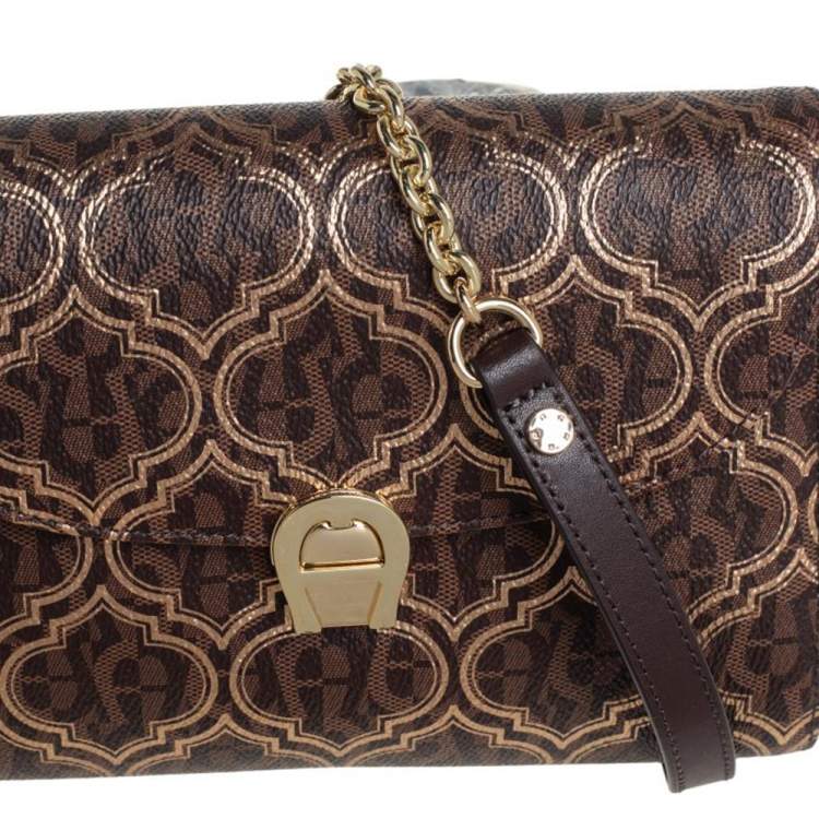 Pre Owned Aigner Brown/Gold Signature Coated Canvas and Leather Flap Shoulder Bag