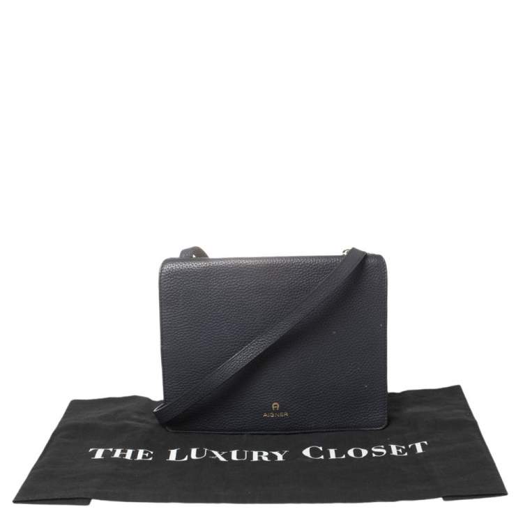 Pre Owned Aigner Navy Blue Leather Flap Crossbody Bag