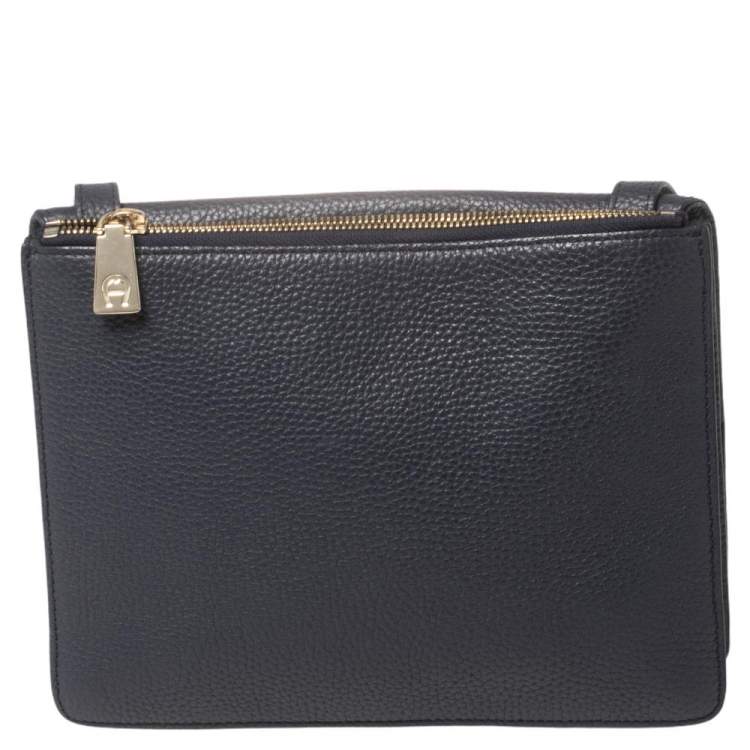 Pre Owned Aigner Navy Blue Leather Flap Crossbody Bag