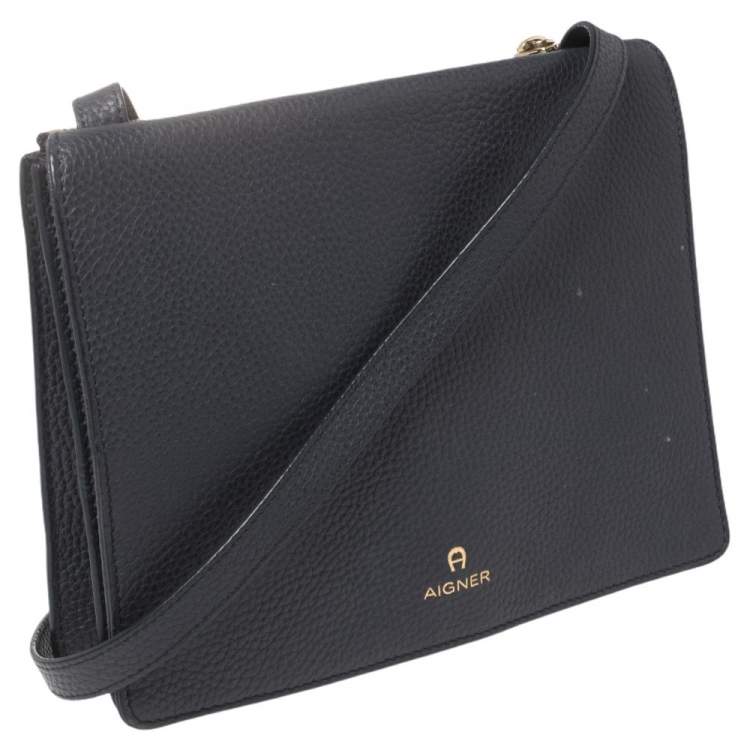 Pre Owned Aigner Navy Blue Leather Flap Crossbody Bag