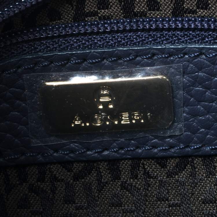 Pre Owned Aigner Navy Blue Leather Flap Crossbody Bag